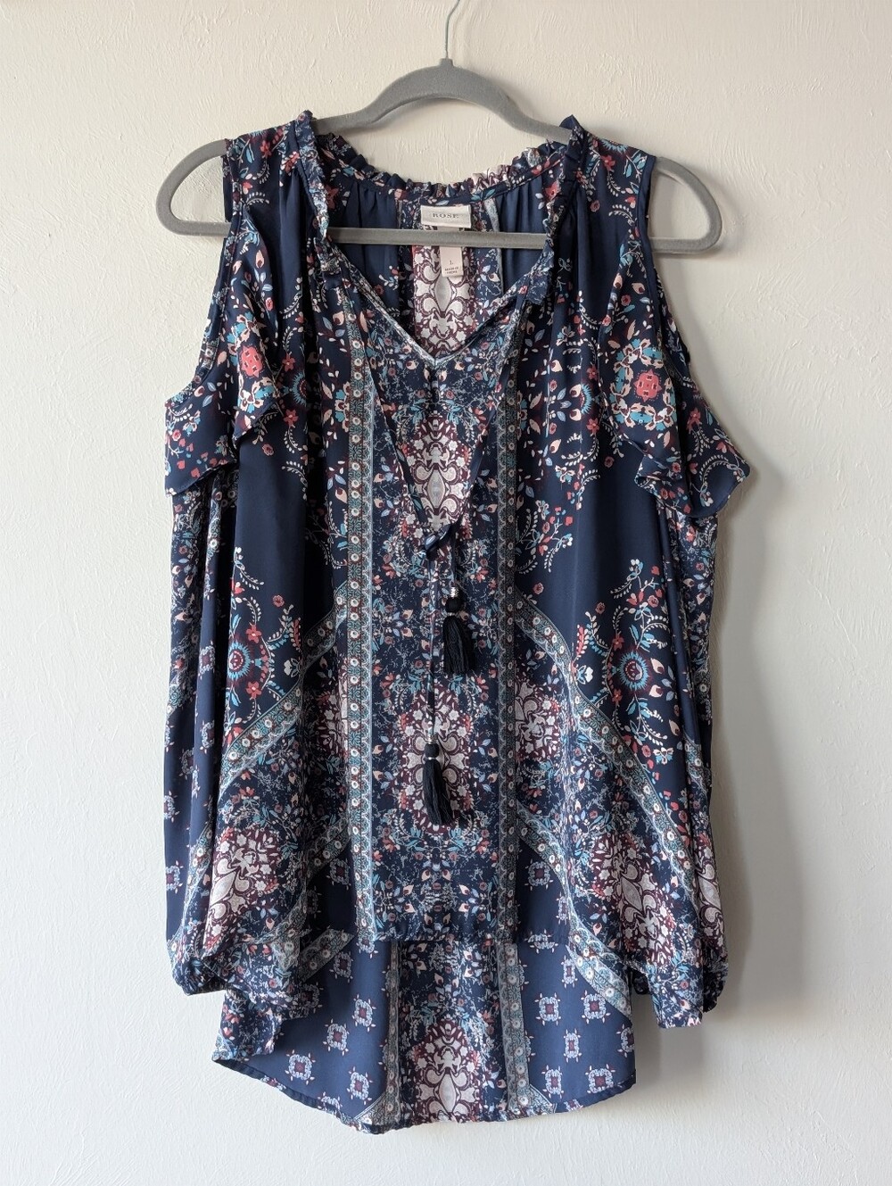 Knox Rose Navy Floral Cold-Shoulder Tassel Blouse Chiffon Size L